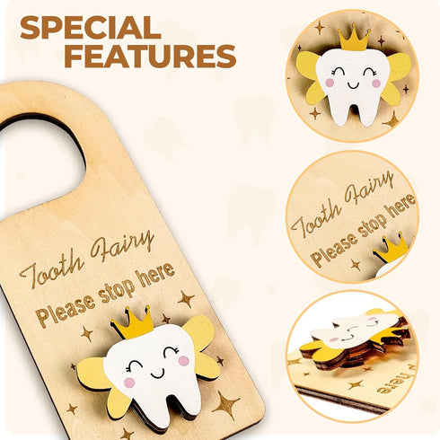 Generic Set Tooth Fairy Box & Door Hanger for Girls and Boys Wooden Tooth Keepsake Box with Fairy Door Sign Tooth Fairy
