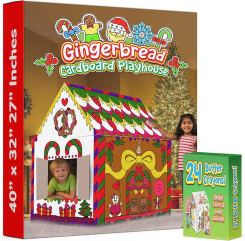 24 3-9 ArtCreativity Gingerbread House Craft Kit for Kids with Butter Crayons - Black and White Gingerbread Cardboard