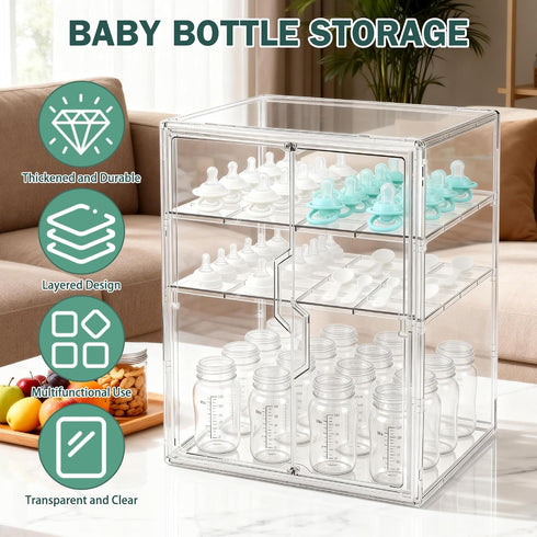 RISICULIS 3-Tier Countertop 2 Baby Bottle Organizer, Bottle Storage for with Double Magnetic Doors, Clear Plastic