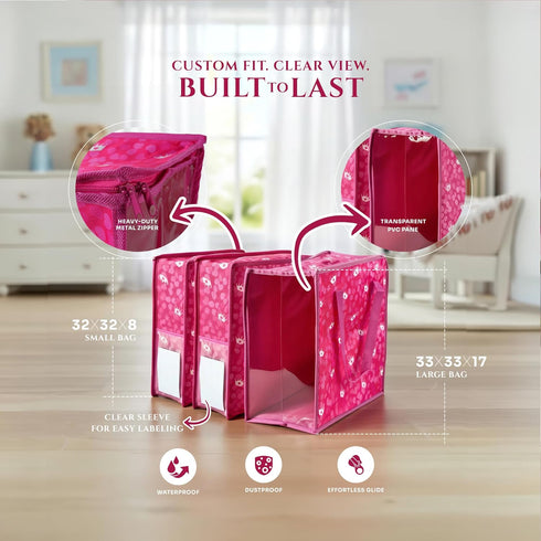 3 100 Primo Lines Doll Clothes & Accessories Storage Organizer Pink Stackable Bags with Adjustable Dividers, Resealable
