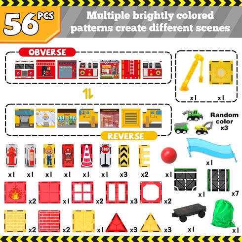 56PCS 4-8, 4 5 Magnetic Tiles for Kids, Construction Magnet Tiles with Fire Truck Station, Building, Road, Crane, Car
