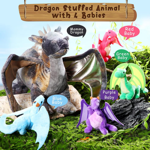 5 16 Inch 4 Mommy HyDren Pcs Dragon Plush Toys Dragon Stuffed with Babies Dragons in Dinosaur Belly, Plush Animal