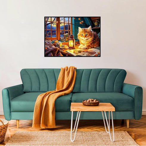 1000 Piece Puzzle for Adults - Cozy Cabin Snowscape Painting - Cute Kitten Jigsaw Puzzles