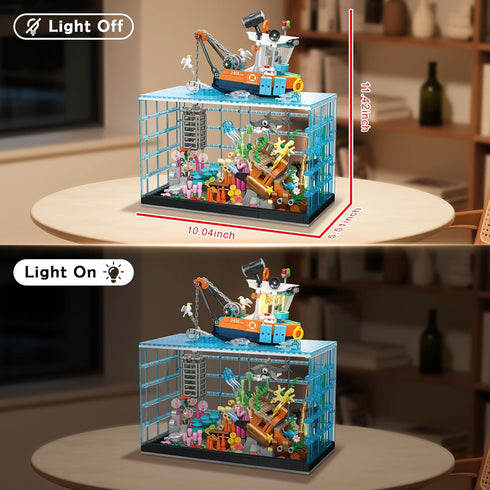 Set 830PCS Set Fish Tank Building Blocks - Ocean Treasure Hunt Building with Adventure Boat, Shark, Jellyfish & Coral