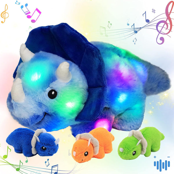 Hopearl LED Musical Stuffed Dinosaur Playset - Mommy Triceratops with 3 Babies, Adjustable Volume Lullaby, Gifts for