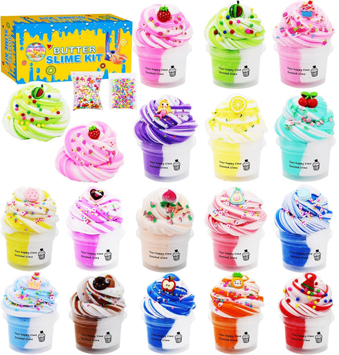 16 Pack Two-Toned Butter Slime Kit, DIY Super Soft Non-Sticky Educational Slime Toys for Kids Girls & Boys 6-12+
