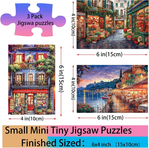 Small Jigsaw Puzzles for Adults 150 Pieces Vintage Streetscape Mini Jigsaw Puzzles Oil Painting Challenging Mini Puzzles Tiny Jigsaw Puzzles 6 x 4 Inches, 3 Pcs,Mini Easel Included