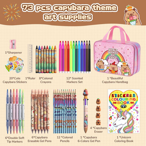 DreamyCandy 73PCS Set 4-6-8,Kids Capybara Washable Markers with Glitter Pencil Case,Art Supplies and Craft for Girls