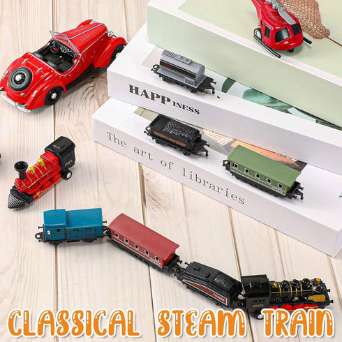 2 Sets 3 Hanaive Train Toys Small Pull Back Alloy Retro Steam Train with Cars Simulation Model Diecast Locomotive