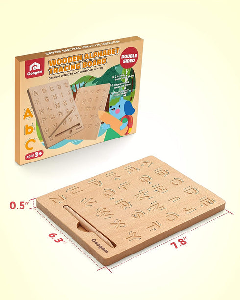 3 4 5 Coogam Wooden Letters Practicing Board, Double-Sided Alphabet Tracing Tool Learning to Write ABC Educational Toy