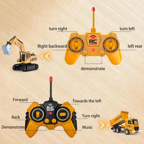 MQDMINI Set 3-12 Remote Control Excavator and Dump Truck Toy - RC Construction Vehicles Toy with Barricades, Road