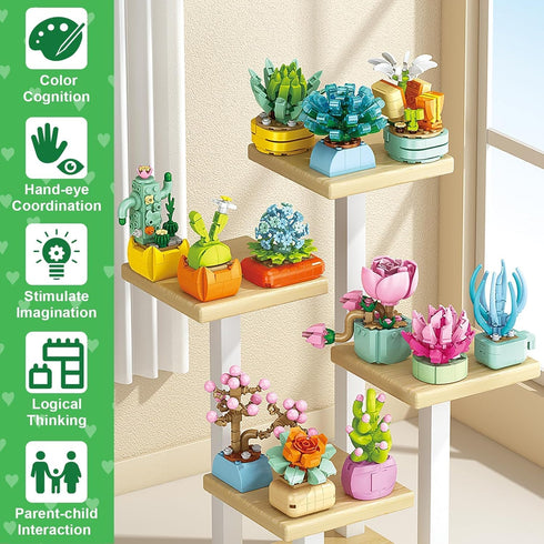 Qinline 24 Pack 6-12, Easter Gifts for Kids Succulents Flower Bouquets Building Blocks with Gift Cards for School, Boy