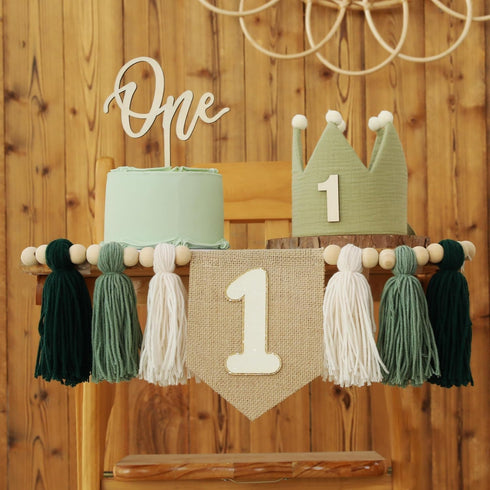 Set Wooden Bead Tassel Garland High Chair Decoration with Crown Hat and Cake Topper