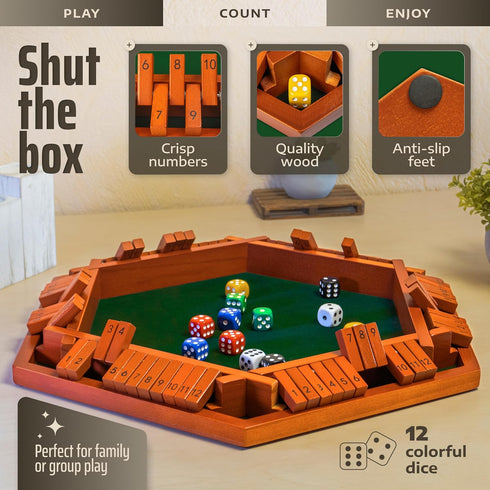 1-6 16-inch 12 Shut The Box Game Wooden Board for Players - Shut The Box Game Numbers for Adults & Kids - Ideal