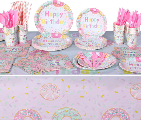 194 24 Pcs Donut Ice Cream Birthday Party Decorations Supplies Guest Disposable Dinnerware with Tablecloth Paper Plates