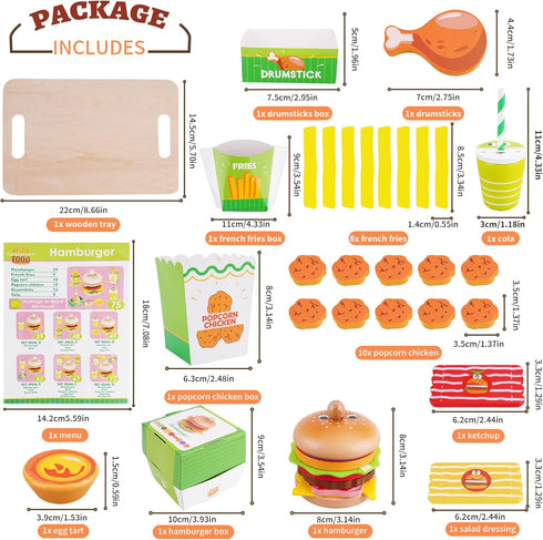 Set 3 4 5 Montessori Toys Pretend Play Food for Year Old, Wooden Fast Food Play Kitchen with Hamburger, Fries, Egg