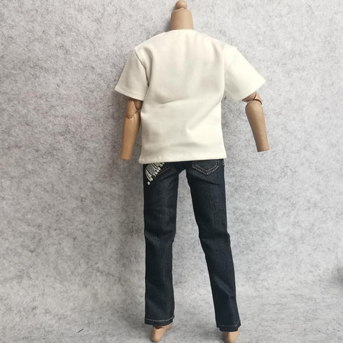 1/6 Custom Scale Clothes - T-Shirt + Jean Trousers for 12" Male Action Figure Doll Clothes (White)