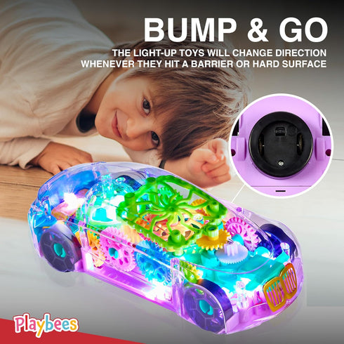 Light-Up Transparent Car Toy for Kids - Bump and Go with Colorful Gears, Music & LED Effects, Great Gift