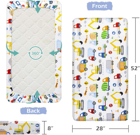 2 Pack Crib Sheets 52in x 28in | 100% Soft Breathable Cotton for Standard Crib and Toddler Mattresses, Truck/Dinosaur