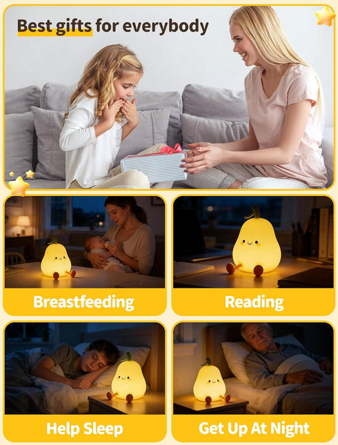 3 Dimmable Pear Night Light for Kids, Nursery Night Lights, Bedside Touch Lamp, Cute Silicone Nightlight for Baby