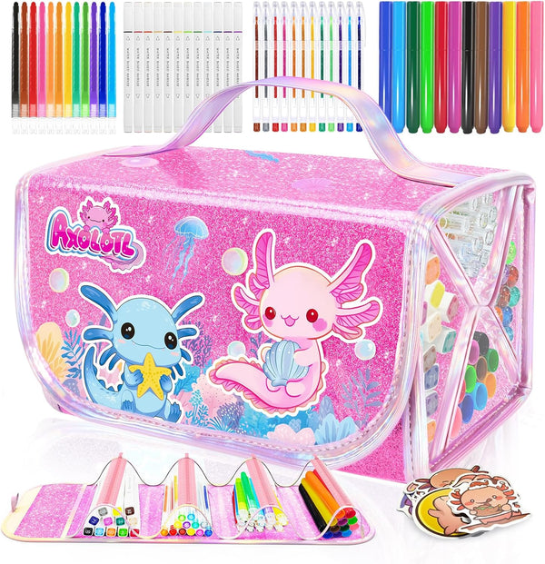DreamyCandy 70PCS Axolotl Washable Markers Set with Glitter Pencil Case,Art Supplies for Kids