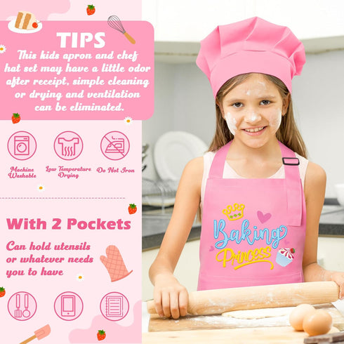 Set 2Pcs R HORSE Kid Apron and Chef Hat - Pink Baking Princess Adjustable Children Kitchen Toddler Apron for Girls