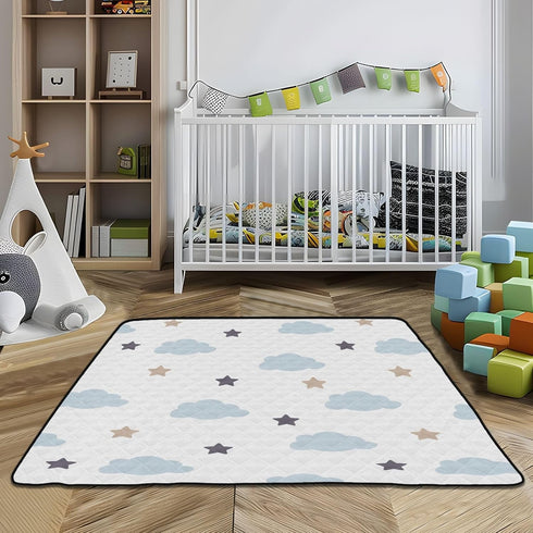 KICPOAY 50 50 Baby Play Mat Blue Clouds Stars White Doodle x Playpen Mats for Floor Play Gym Crawling Mat Non-Slip