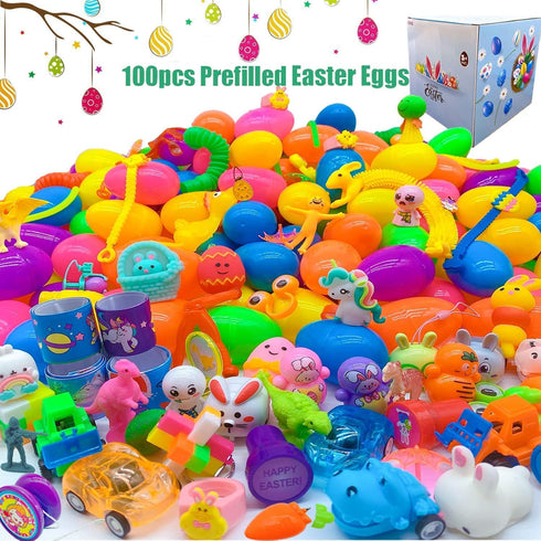 100 Pcs Prefilled Easter Eggs Filled with Novelty Toys,Bright Colorful for Easter Basket Stuffers,Easter Party Favors