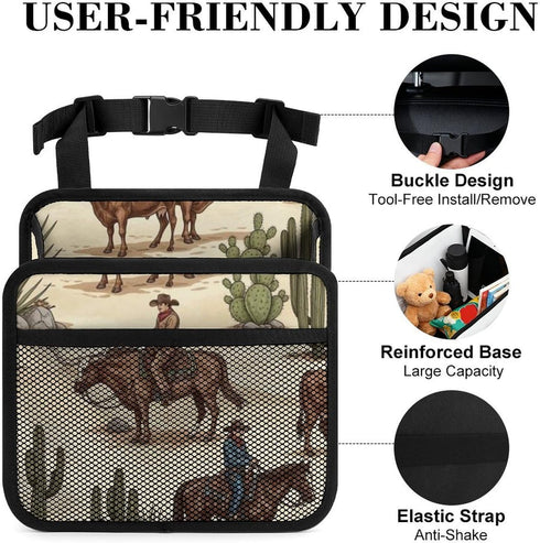 PPIKTC Spacious Hanging Auto Seat Organizer with Ventilated Mesh Pockets for Wet Wipes and Baby Supplies, Cowboy Cow