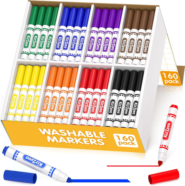 KIZZYEA Washable Markers Bulk, Markers for Kids, 8 Assorted Colors, 160 Count,