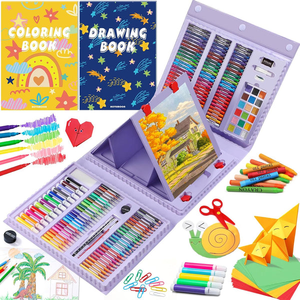All in One Art Supplies with Trifold Easel, Art Set with Drawing Kit, Coloring Book, Paper Cutting, and Origami Kit