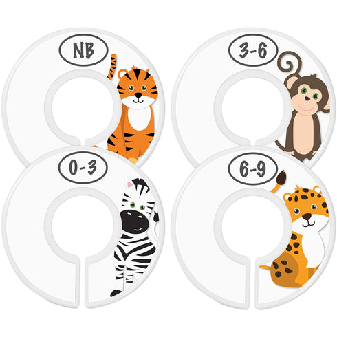 Baby Closet Size Dividers - 7X Safari Nursery Closet Dividers for Baby Clothes - Elephant Giraffe Zebra Lion Monkey