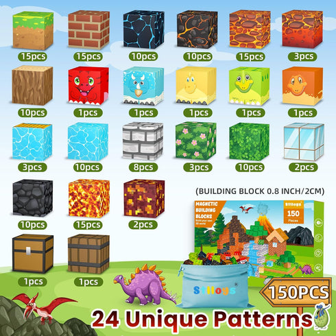 150PCS 3 4 5 6 7 8, Magnetic Blocks: Magnetic Building Block Cubes for Kids Boys Girl Ages STEM Magnet Block Dinosaur