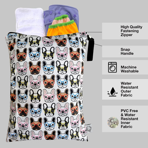 FLOCK THREE Washable Wet Bag Diaper Bag, Water Resistant Swimming Bag with Pugs Dog Print, 12.6'' x 16.5''