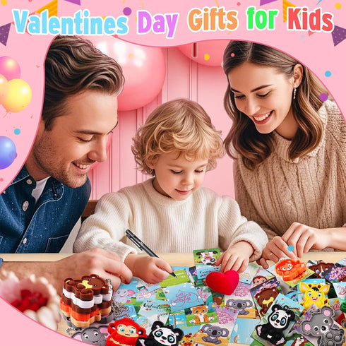 24 PACK Kiss Monkey Valentines Day Gifts for Kids, Valentines Cards for Kids Classroom with Animals Pop Fidget Toys