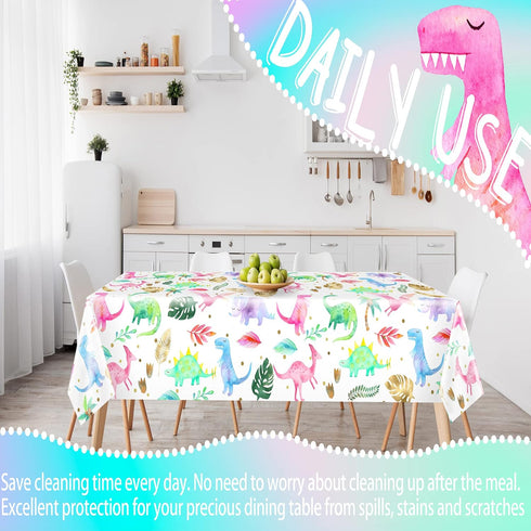Girl Dinosaur Birthday Party Tablecloth, Pink Plastic Disposable Table Cover for 54'' x 108'' Party Supplies