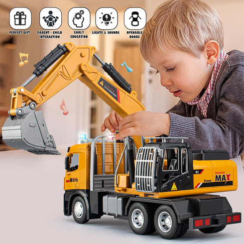 TAKGUD 3-5 10.2" Set, Excavator Toy for Boys Year Old, Digger with Lights and Sounds, Construction Site Play Excavator