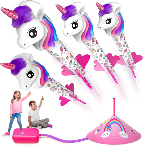 beefunni Unicorn Rocket Launcher - 4 Unicorn Outdoor Toys for Kids, Christmas Birthday Gifts for Ages 2-8