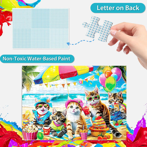 Jeacirio 4-8 6-8 8-10 100 Puzzles for Kids Ages Year Old and Seniors - Funny Cats Puzzle Beach Kitten Jigsaw Puzzles