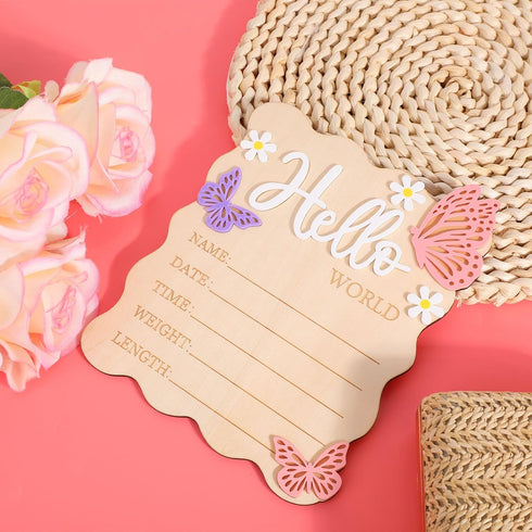Goktvai Hello World Board, Wooden Butterfly Daisy Baby Birth Announcement Sign Newborn Birth Sign for Information
