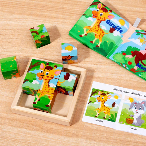 Wooden Animals Block Puzzles for Kids Ages 2-4 with Book, Jigsaw Puzzles Preschool Learning Educational Interactive Toys Gift for Boys Girls, Wood Farm Cube Puzzles for Toddlers 2 3 4 5 6 Years Old