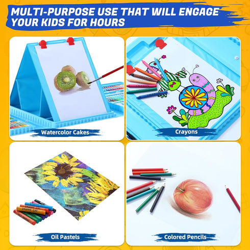 All in One Art Supplies Set with Trifold Easel, Drawing Kit, Coloring Book, Paper, Cutting, Origami Kit, Blue