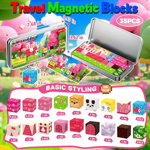 35PCS 4-8, Set 3-5, Princess Magnetic Building Blocks Travel Toys - Magnet Cubes for Kids Ages STEM Learning Toys