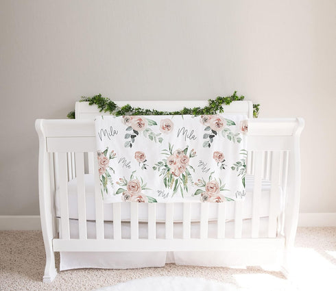 Stork Wares 30x40inch (BB339) Soft Floral Rose Personalized Baby Girl Swaddle Blanket, White