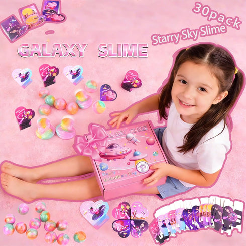 Dreunsto 30 Pack Valentines Day Gifts for Kids with Galaxy Slime, Valentine Classroom Exchange Prizes, Slimes Stress