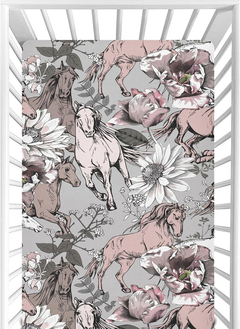 CaTaKu Toddler Mattress Sheets - Horse Flower Fitted Sheets for Mini Crib, Girls