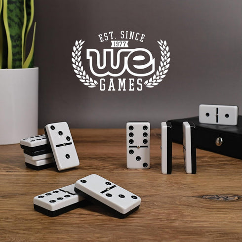 6 WE Games Two-Toned Black & White Double Dominoes with Spinners - Ideal Size, Vintage Style Case, Family and Adult