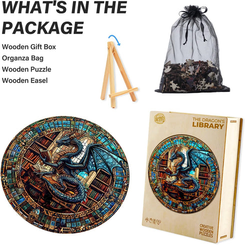 (300 13.4"x13.4") WOODBESTS Wooden Puzzles for Adults Piece, L, Dragon's Library Wood Puzzle Adult, Unique Wooden