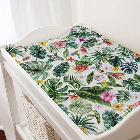 Green Tropical Leaves Floral Hummingbirds Changing Pad Covers, Rainforest Monstera Leaves for Boy Girl, Soft 32''x16''