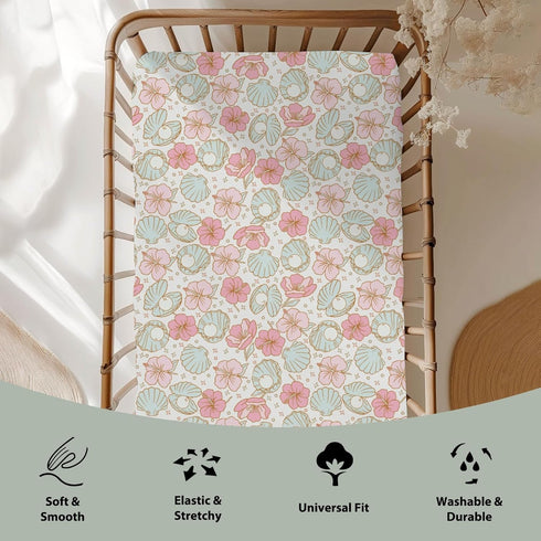 Summer 52"x28" Boho Mermaids Floral Baby Crib Sheets for Boy Girl Beach Seashells Conch Tropical Flowers Soft Snug